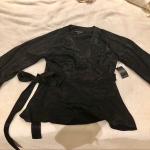 ELOQUII Sateen Shimmer Black Peplum Wrap Top